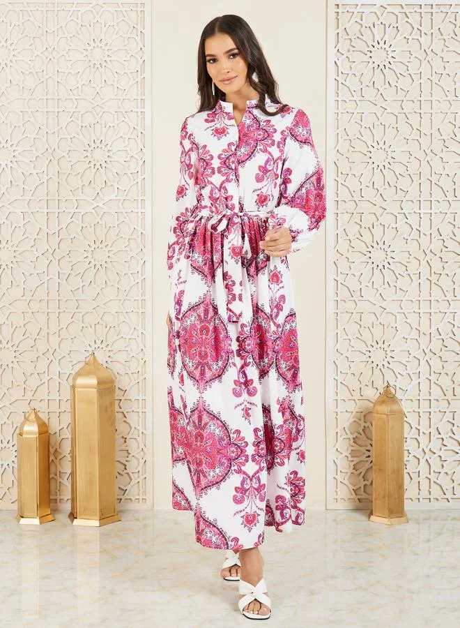 Styli Bohemian Print Front Button A-Line Maxi Dress