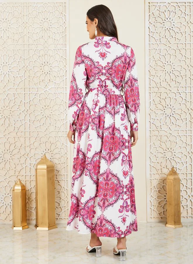 Styli Bohemian Print Front Button A-Line Maxi Dress