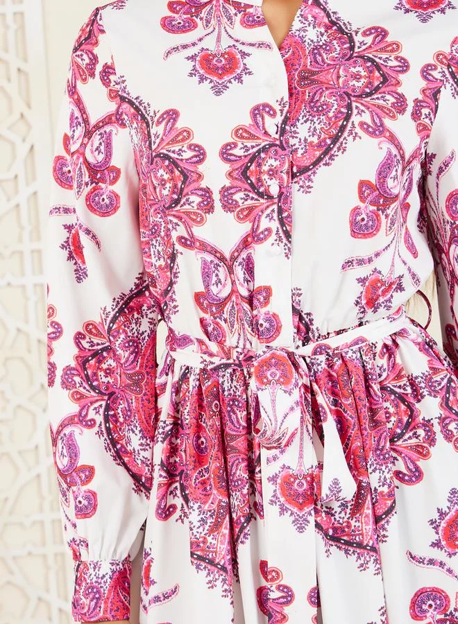 Styli Bohemian Print Front Button A-Line Maxi Dress