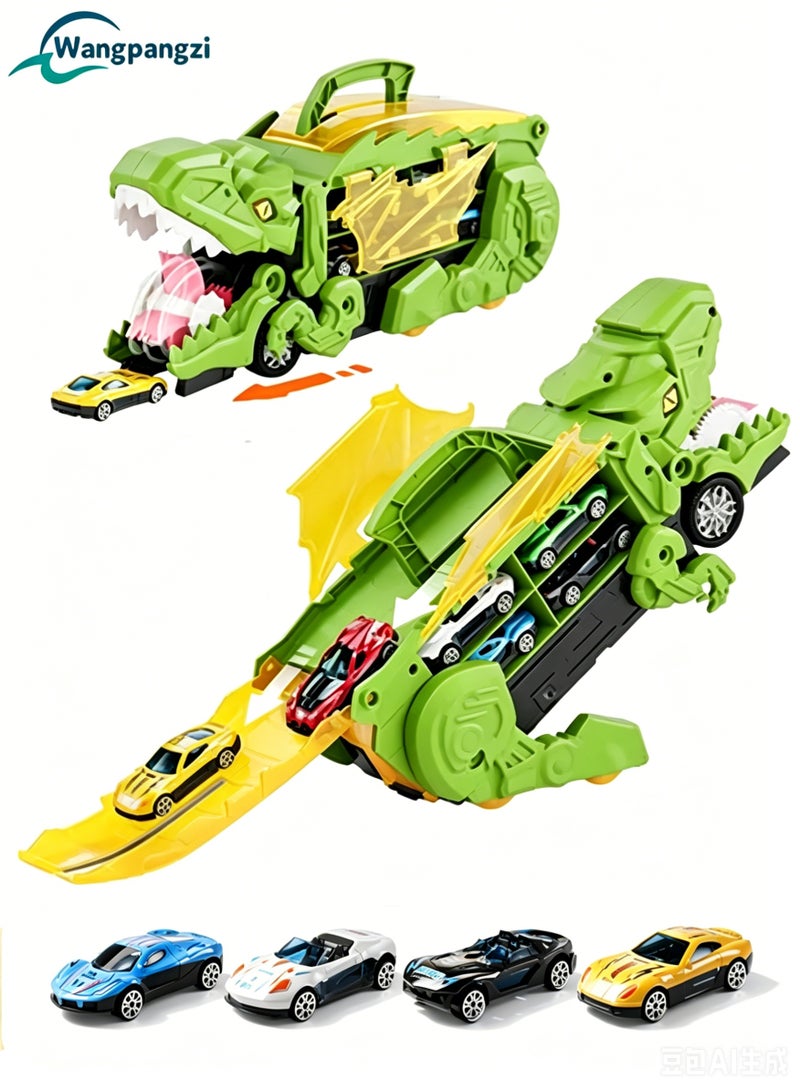 WangPangZi Interactive Dinosaur Truck Game for Kids - Transport truck with a portable storage bag containing 4 cars, the best educational gift for boys and girls aged 2, 3, 4 years, made of safe BPA-free plastic - Image 1
