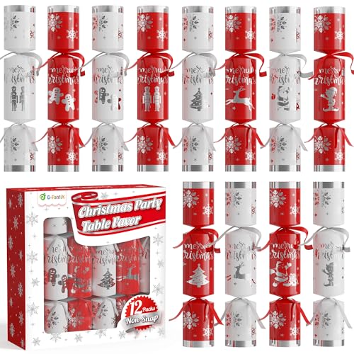 D-FantiX DFantiX 12 Pack Christmas Party Favors with Red White Snowflake Design NoSnap Party Table Favors with Party Hats Joke Little Gifts Xmas Holiday Dinner Traditions Supplies Gift for Kids Adult - Image 1