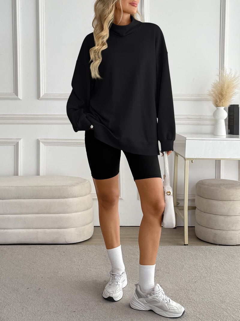 LILLUSORY Mock Neck Sweatshirt Womens Oversized Pullover Turtleneck Long Sleeve Tops Trendy Spring Fashion 2026 Black M - Image 5
