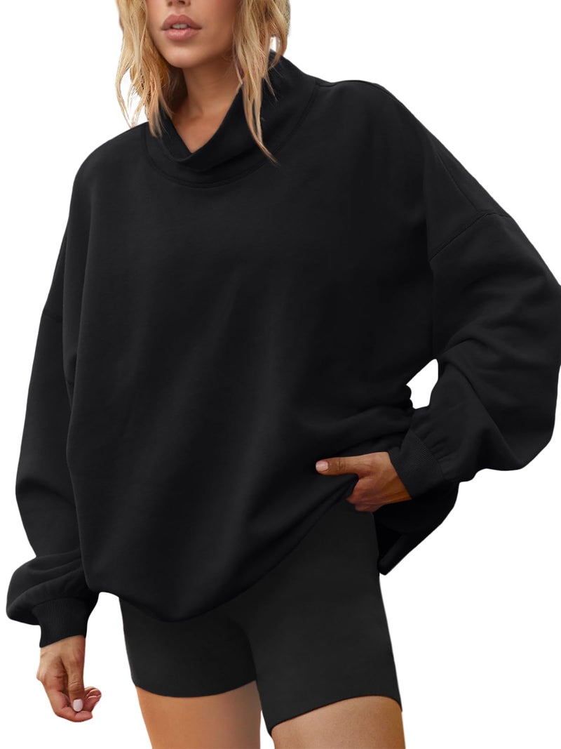 LILLUSORY Mock Neck Sweatshirt Womens Oversized Pullover Turtleneck Long Sleeve Tops Trendy Spring Fashion 2026 Black M - Image 1