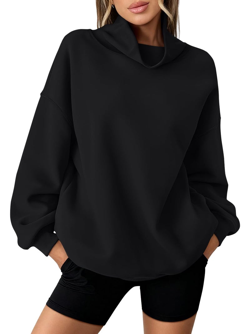 LILLUSORY Mock Neck Sweatshirt Womens Oversized Pullover Turtleneck Long Sleeve Tops Trendy Spring Fashion 2026 Black M - Image 2