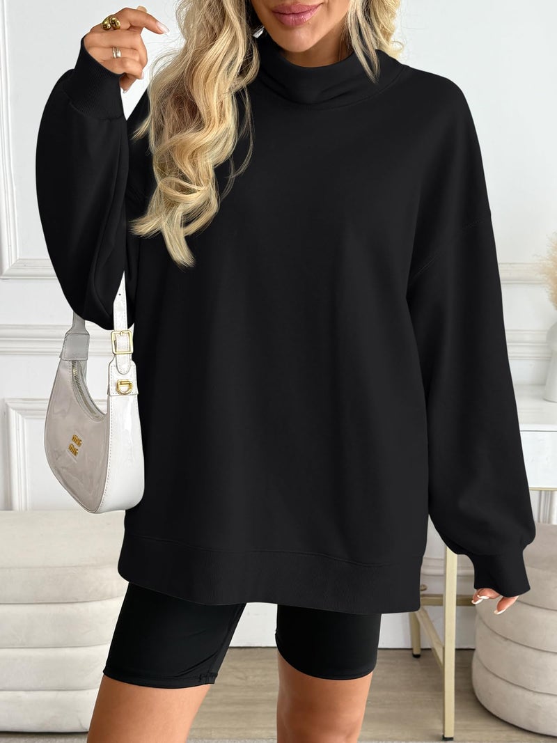 LILLUSORY Mock Neck Sweatshirt Womens Oversized Pullover Turtleneck Long Sleeve Tops Trendy Spring Fashion 2026 Black M - Image 3