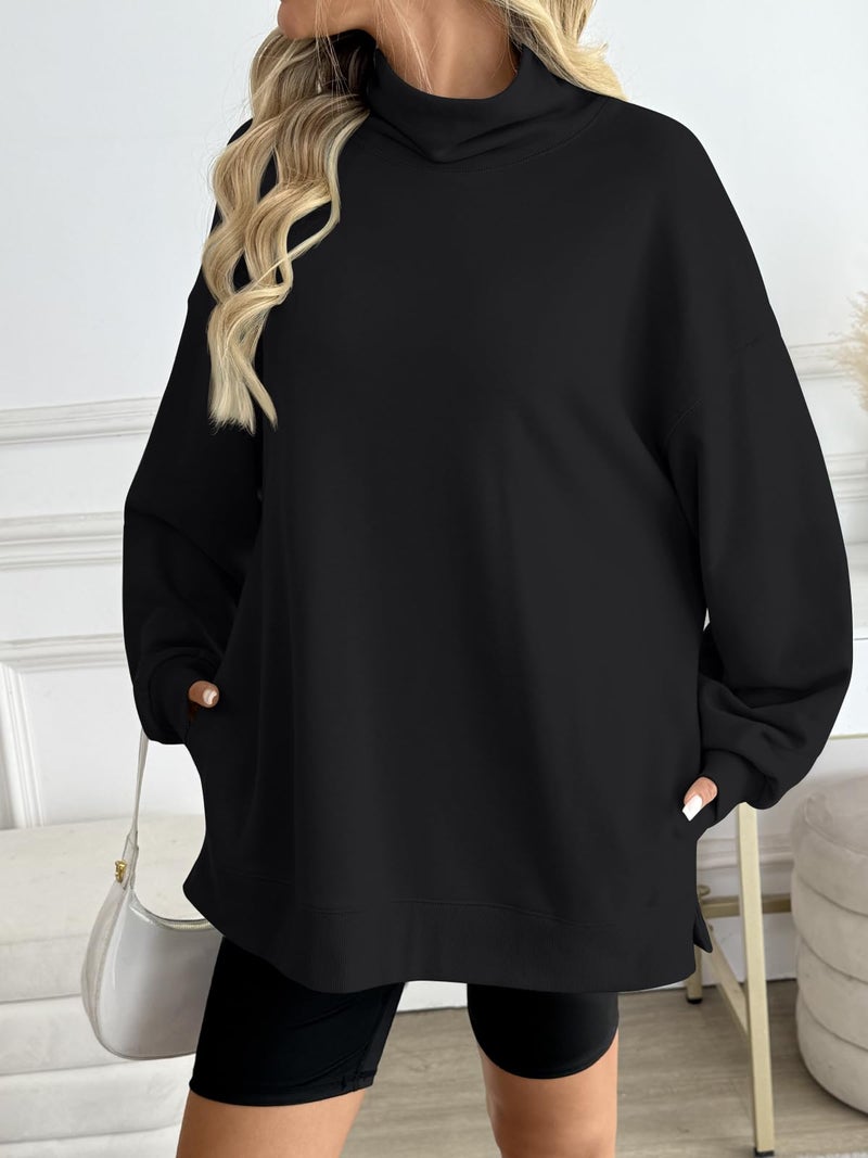 LILLUSORY Mock Neck Sweatshirt Womens Oversized Pullover Turtleneck Long Sleeve Tops Trendy Spring Fashion 2026 Black M - Image 4