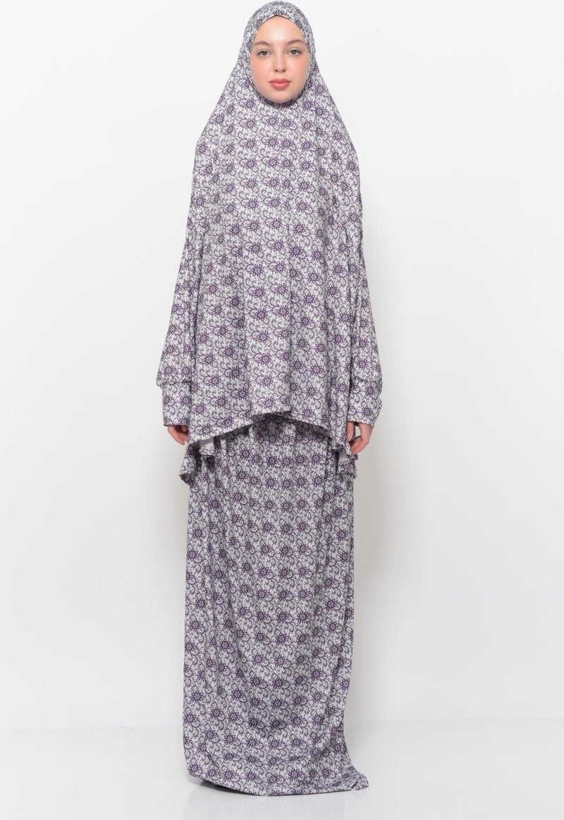 Altobeh Practical Two Piece Sun Patterned Bat Sleeves Lycra Hijab Prayer Dress with Headscarf 992 0326  - Image 1