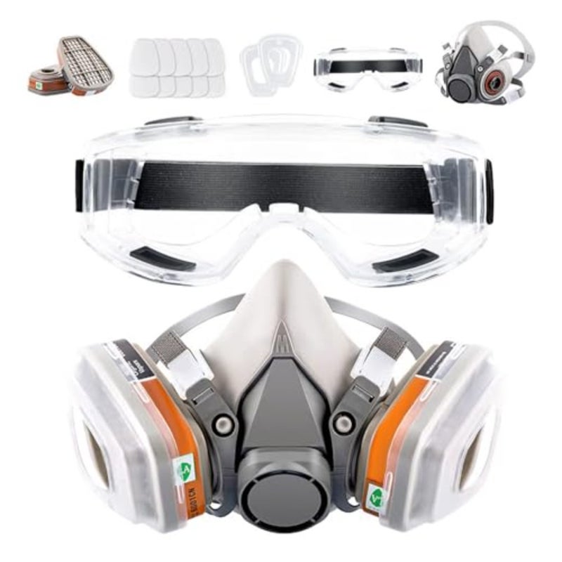 Professional Half Face Gas Mask 1 pc for Painters DIY Users - Durable Rubber Respirator with Integrated Safety Glasses, Filters Dust/Chemicals/Pesticides/Organic Vapors, Black, Reusable Lightweight - Image 1