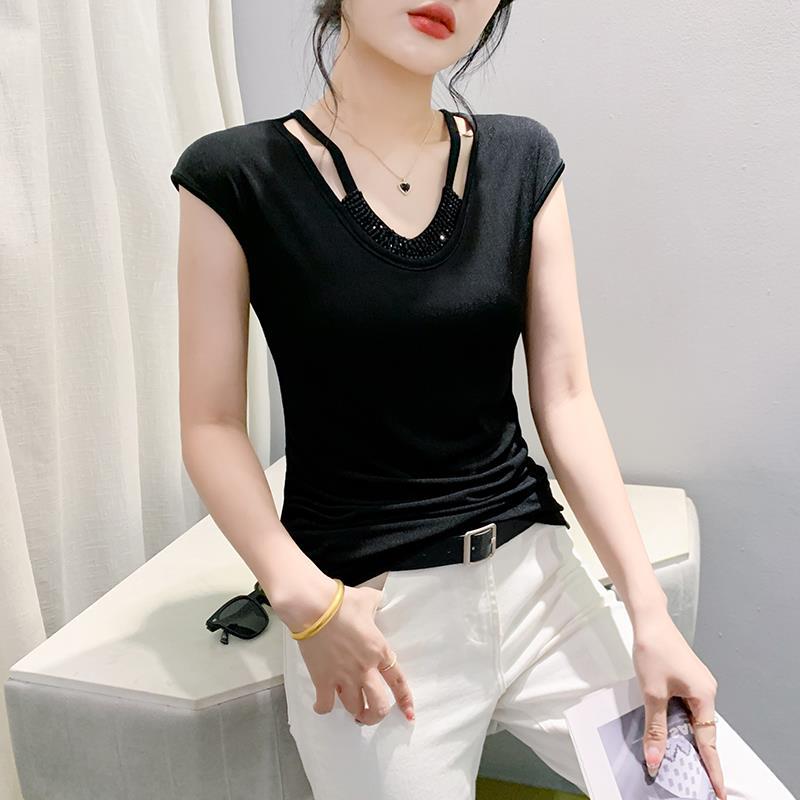European Spring Round Neck Fashion Slim Fit Pleated Handmade Beaded Sleeveless T-Shirt Women'S Trendy Hair - Image 1