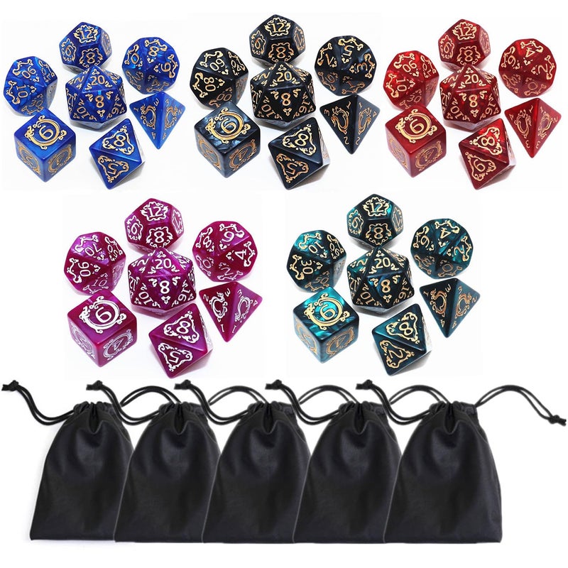 CREEBUY Polyhedral DND Dice Set 5 Pack Vintage DragonPatterned Dice Sets Compatible with Dungeons and Dragons DD RPG Games35 Pieces 5 Colors with Black - Image 3
