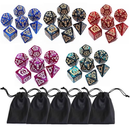 CREEBUY Polyhedral DND Dice Set 5 Pack Vintage DragonPatterned Dice Sets Compatible with Dungeons and Dragons DD RPG Games35 Pieces 5 Colors with Black - Image 1