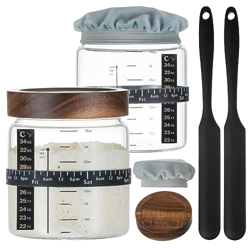 Wissy&Konny Sourdough Starter Jar 2Pack 35OZ with Ounce Scale Line,Date Marked Feeding Band, Thermometer, Sourdough Jar Scraper, Cloth Cover & Wood Lid, Wide Mouth for Sourdough Bread Baking - Image 1