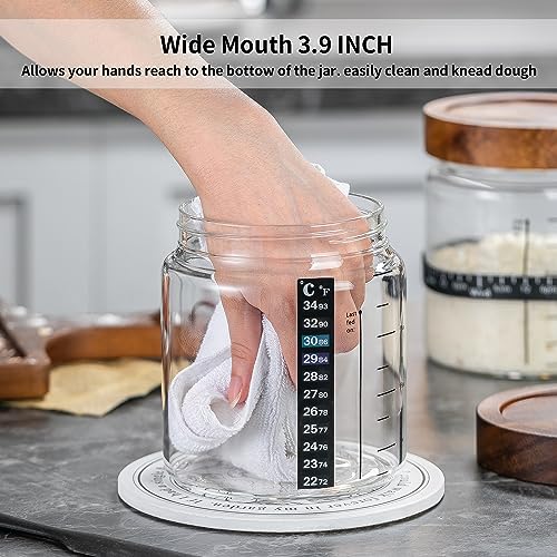 Wissy&Konny Sourdough Starter Jar 2Pack 35OZ with Ounce Scale Line,Date Marked Feeding Band, Thermometer, Sourdough Jar Scraper, Cloth Cover & Wood Lid, Wide Mouth for Sourdough Bread Baking - Image 3