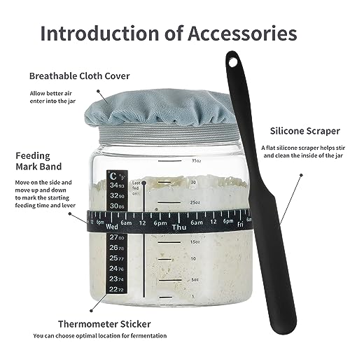 Wissy&Konny Sourdough Starter Jar 2Pack 35OZ with Ounce Scale Line,Date Marked Feeding Band, Thermometer, Sourdough Jar Scraper, Cloth Cover & Wood Lid, Wide Mouth for Sourdough Bread Baking - Image 2