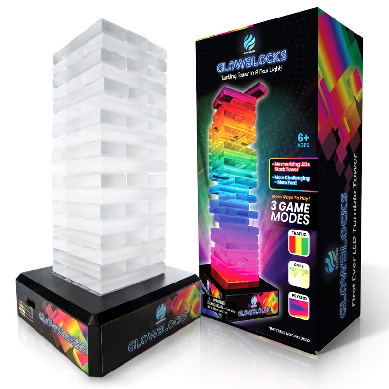 Glowsphere Glowblocks Light-Up Tumbling Tower Game, First Ever LED Building Blocks Stacking Game, Indoor Board Game for Kids and Adults for Family Game Night - Image 1