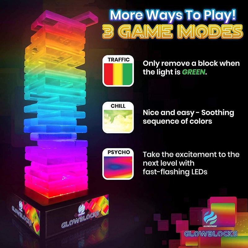 Glowsphere Glowblocks Light-Up Tumbling Tower Game, First Ever LED Building Blocks Stacking Game, Indoor Board Game for Kids and Adults for Family Game Night - Image 2