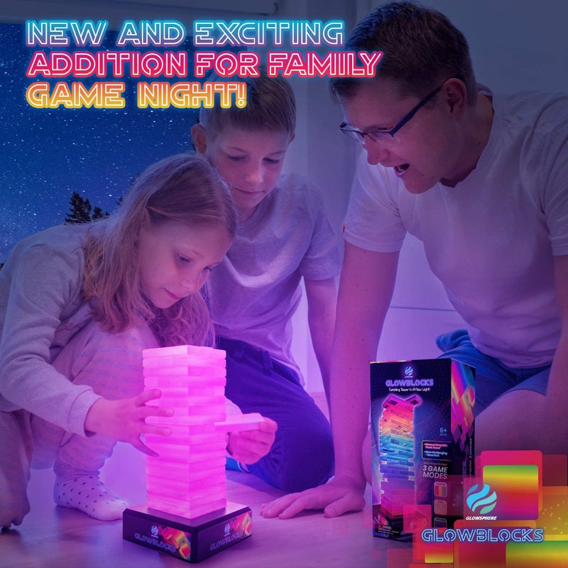 Glowsphere Glowblocks Light-Up Tumbling Tower Game, First Ever LED Building Blocks Stacking Game, Indoor Board Game for Kids and Adults for Family Game Night - Image 4