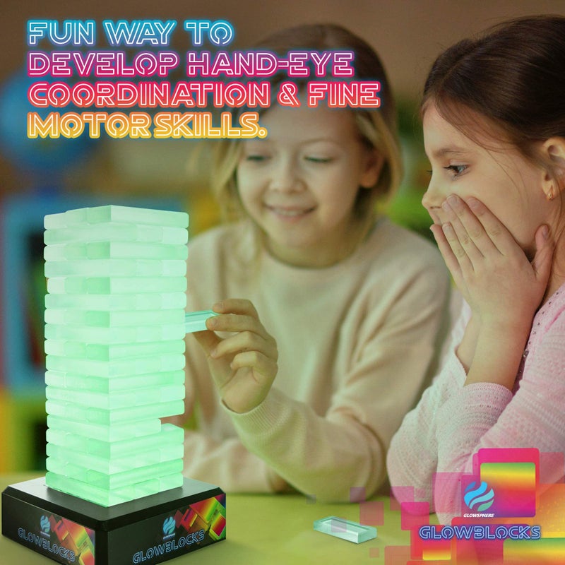 Glowsphere Glowblocks Light-Up Tumbling Tower Game, First Ever LED Building Blocks Stacking Game, Indoor Board Game for Kids and Adults for Family Game Night - Image 5