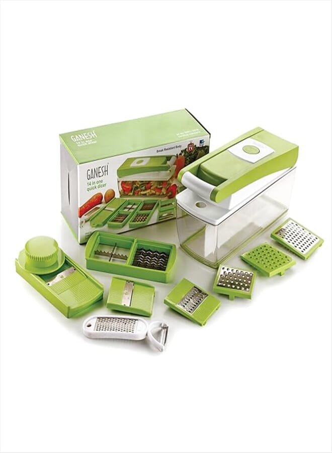 جانيش قطاعة غانيش متعددة الأغراض 14 في 1، قطاعات الفواكه والخضراوات، مبشرة، مقشرة، مفرمة، هيكل غير قابل للكسر مصنوع من مواد آمنة غذائياً، زر سهل التنظيف، قطاعة للمطبخ (أخضر، بلاستيك)