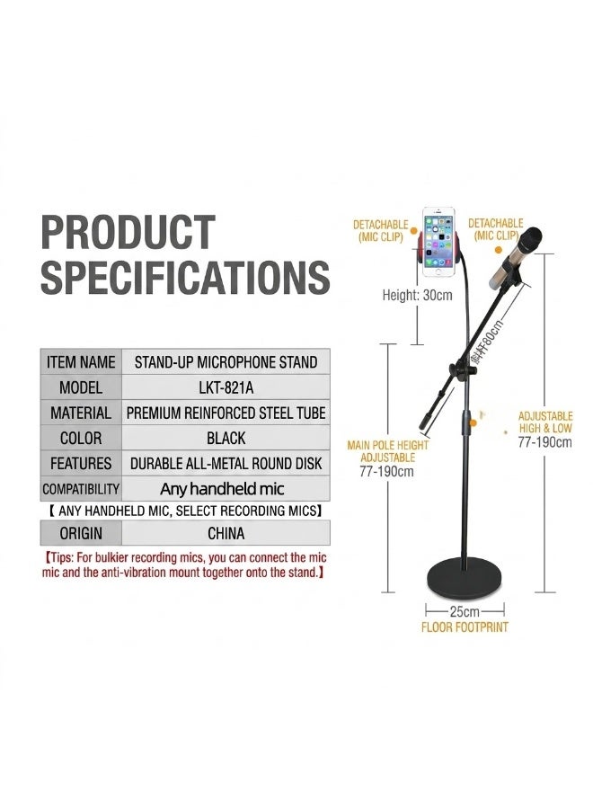 COOLHAWK Mic Stand - Microphone Stand Floor with Tablet Phone Holder Height Adjustable from 77cm to 190cm Heavy Duty Mic Stand with Gooseneck for Singing Karaoke Stage - Image 4