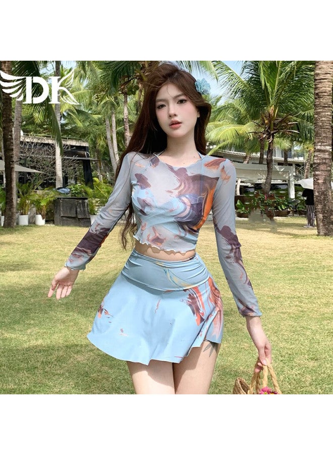 Dk Women's Two-piece Swimsuit With High-waist, Slimming Effect, Long Sleeves, Sun Protection, Boyshort Skirt Style And Conservative For Hot Springs - Image 1