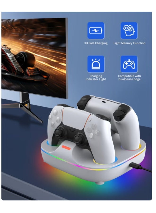 PS5 Controller Charging Stand - Dual Charges for PS5 DualSense Controllers, Fast Charging in 2.5 Hours, RGB Lighting, Overcharge Prevention, LED Indicator, USB-C Cable Included - White - Image 4
