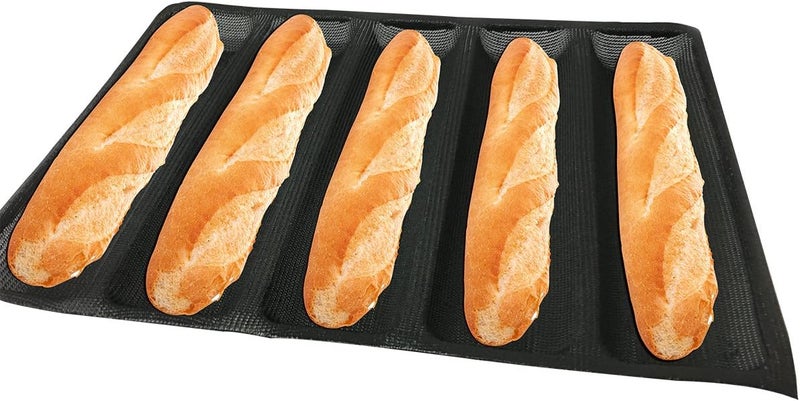 BLUE DROP Hot Dog Molds Silicone Bread Forms Non Stick Bakery Trays For Roll Toasting 5 Loaves 12" Sheets - Image 1