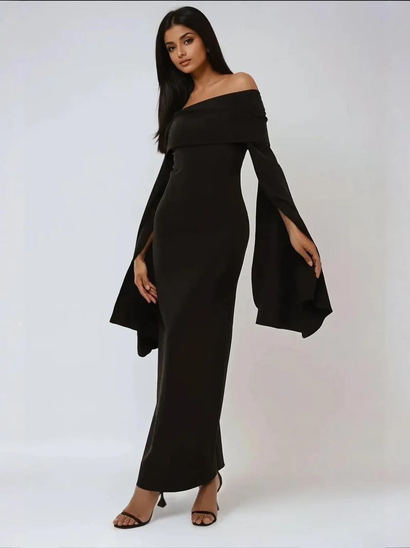 زوبعة فستان سهرة طويل ضيق بكتف مكشوف وفتحة جانبية بتصميم حصري