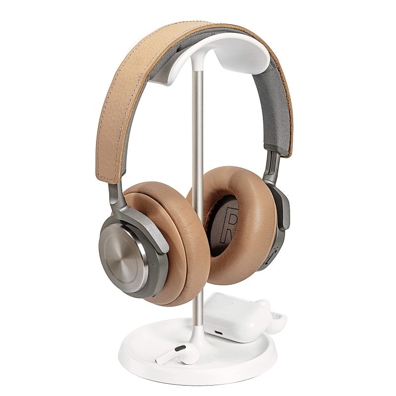 QinCoon Headphone Stand Curved Headset Stand with Storage Tray Heavy Base Gaming Headset Holder for AirPods Max AirPods AirPods Pro Beats Bose Sennheiser Sony and More White - Image 2