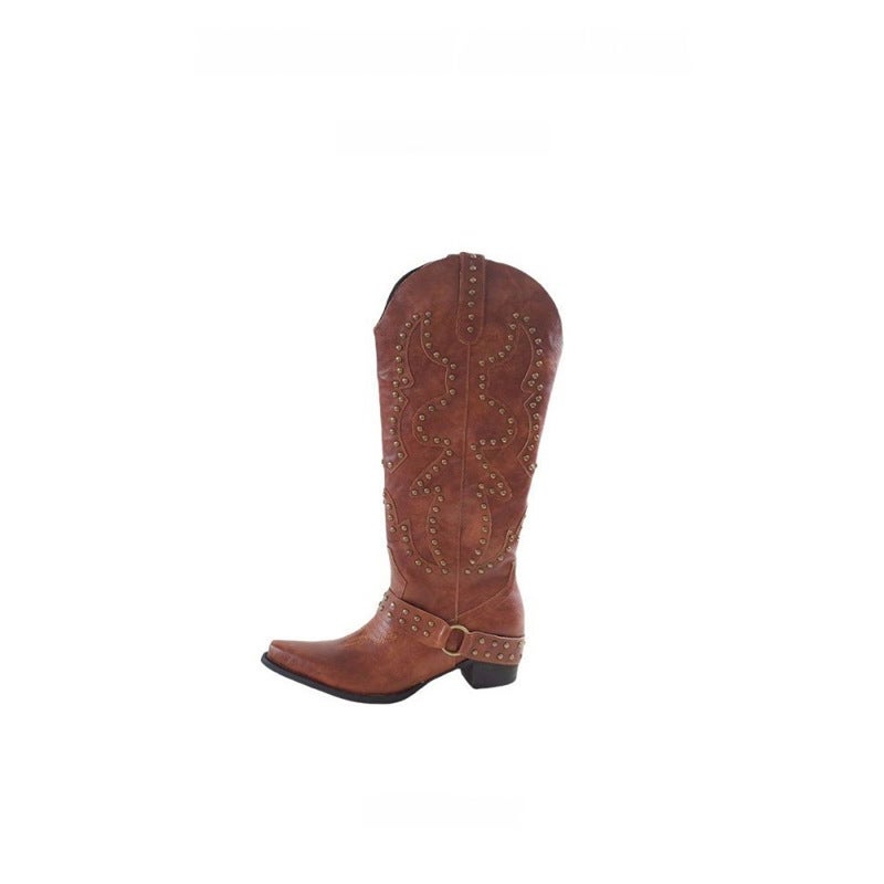 Western Cowboy Boots For Women Autumn Retro Rivet Pointed Toe Thick Heel V-Mouth Knee-High Knight Boots - Image 5