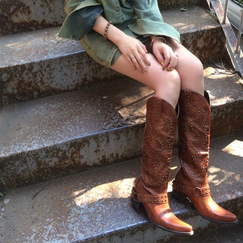 Western Cowboy Boots For Women Autumn Retro Rivet Pointed Toe Thick Heel V-Mouth Knee-High Knight Boots - Image 1