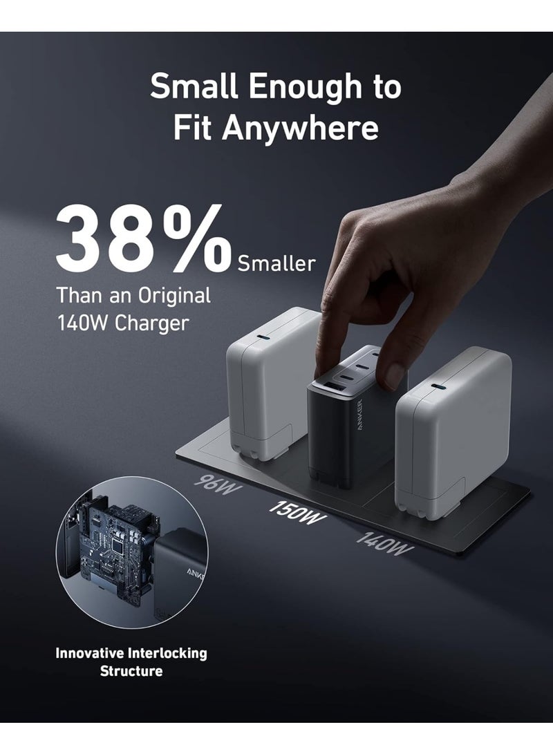 أنكر 150W ماكس شاحن USB C بلوك، شاحن GaN قابل للطي مدمج بأربع منافذ لماك بوك، آيفون 17/16 - Image 3