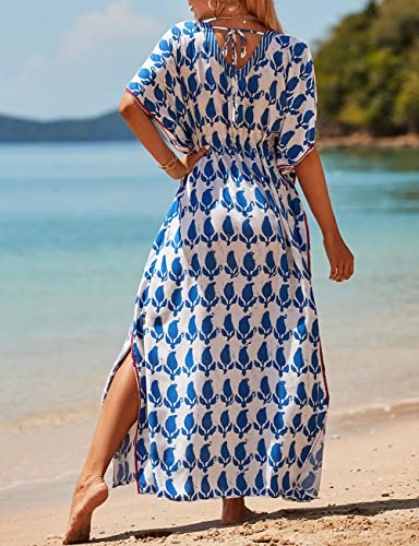 Bsubseach Kaftan Dresses for Women Plus Size Swimsuit Cover Up Long Caftan Dress with Waist Drawstring Blue White - Image 5