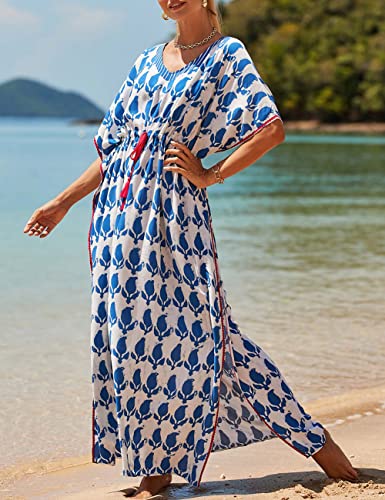 Bsubseach Kaftan Dresses for Women Plus Size Swimsuit Cover Up Long Caftan Dress with Waist Drawstring Blue White - Image 4