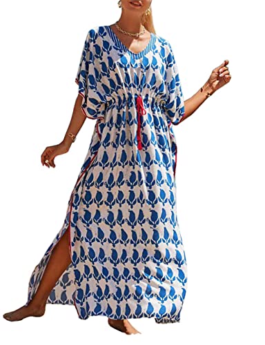 Bsubseach Kaftan Dresses for Women Plus Size Swimsuit Cover Up Long Caftan Dress with Waist Drawstring Blue White - Image 1