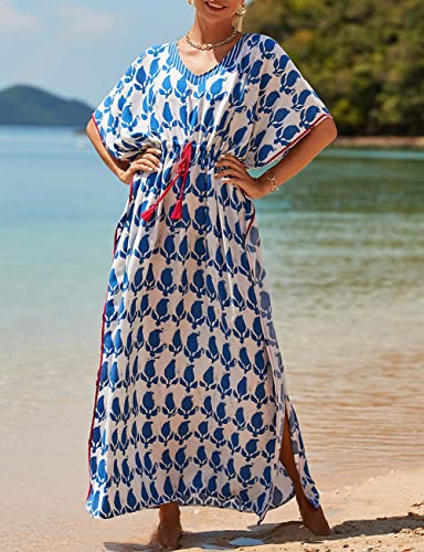 Bsubseach Kaftan Dresses for Women Plus Size Swimsuit Cover Up Long Caftan Dress with Waist Drawstring Blue White - Image 3