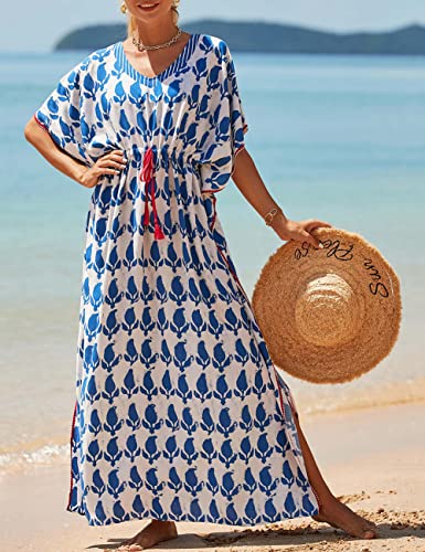Bsubseach Kaftan Dresses for Women Plus Size Swimsuit Cover Up Long Caftan Dress with Waist Drawstring Blue White - Image 2