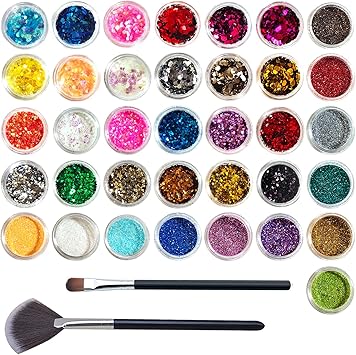 VEGCOO 36 Pots Nail Art Glitter Sequins Powder 24 Pots Holographic Nail Sequins 12 Pots Extra Fine Glitter Chunky Cosmetic Glitter for Body Face Eye Lips Card Making Crafting Scrapbooking - Image 1