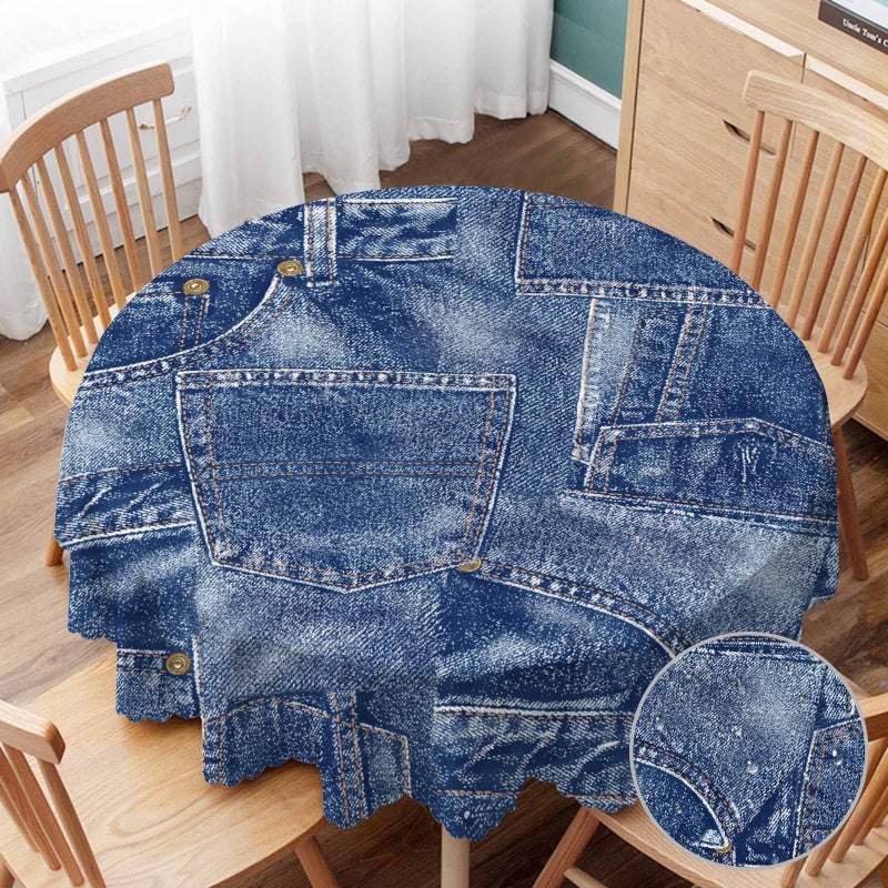 Yibeas Round Tablecloth 60 inch Denim Patchwork Texture Tablecloth Fabric Apparel Indigo Miscellaneous Table Cloth for Dining Tables, Parties, Wedding and Banquet Decoration - Image 1