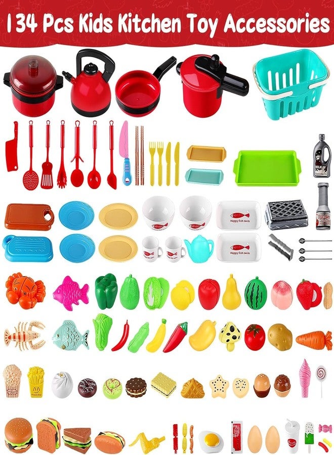 FunMission 134 Pcs Toy Kitchen Accessories, Toddler Pretend Cooking Toys with BBQ Grill, Pressure Cooker, Kettle, Pots, Pans, Kitchen Playset for Cutting Play Food, Learning Gift for Girls Boys - Image 2