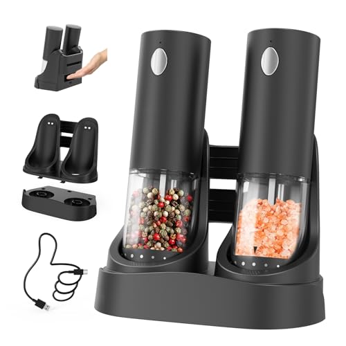 CircleJoy CIRCLE JOY Electric Salt and Pepper Grinder Set Automatic Salt and Pepper Grinder Set with EasytoCarry Charging Base and LED Light Adjustable Coarseness USB Rechargeable Washable Container Black