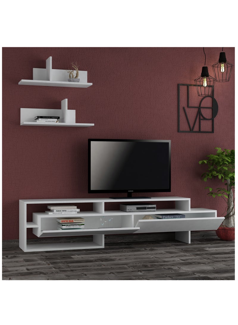موراه وحدة تلفزيون موراه هوم غارا، مناسبة لأجهزة التلفزيون حتى ٦٠ بوصة مع رفين | بابان وخزانة من طبقتين | خزانة تلفزيون | ١٨٠×٢٩٫٨×٤٢ سم | أبيض - Image 3