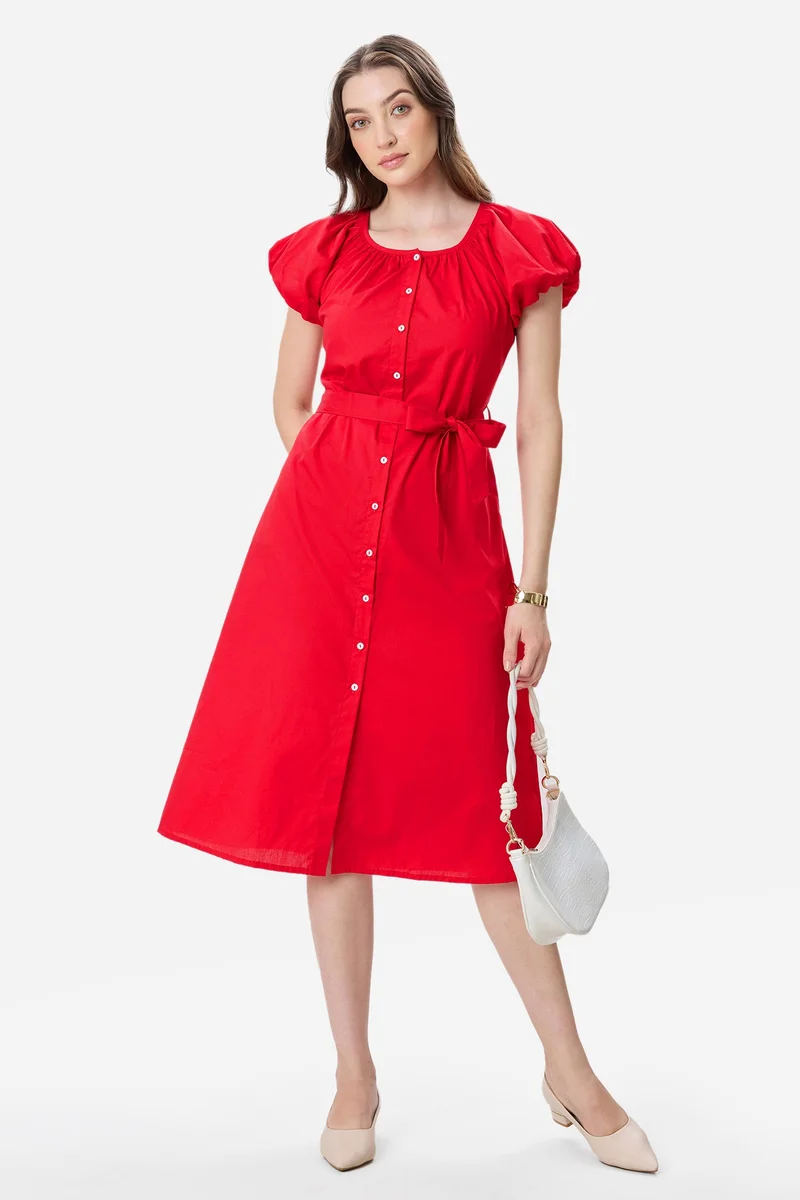 فيرجيو Solid Cotton Bubble Sleeve Dress for Women