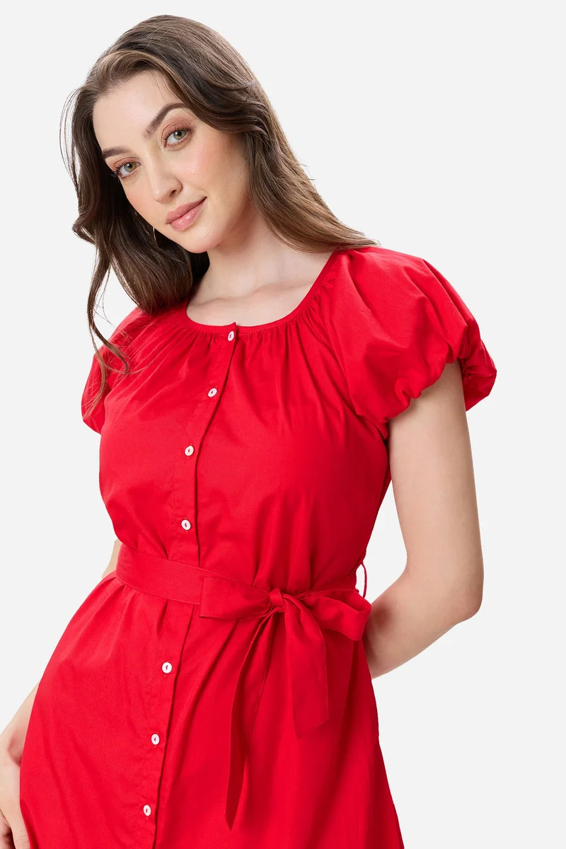Virgio Red Solid Cotton Bubble Sleeve Dress for Women for Women | Best Price UAE
