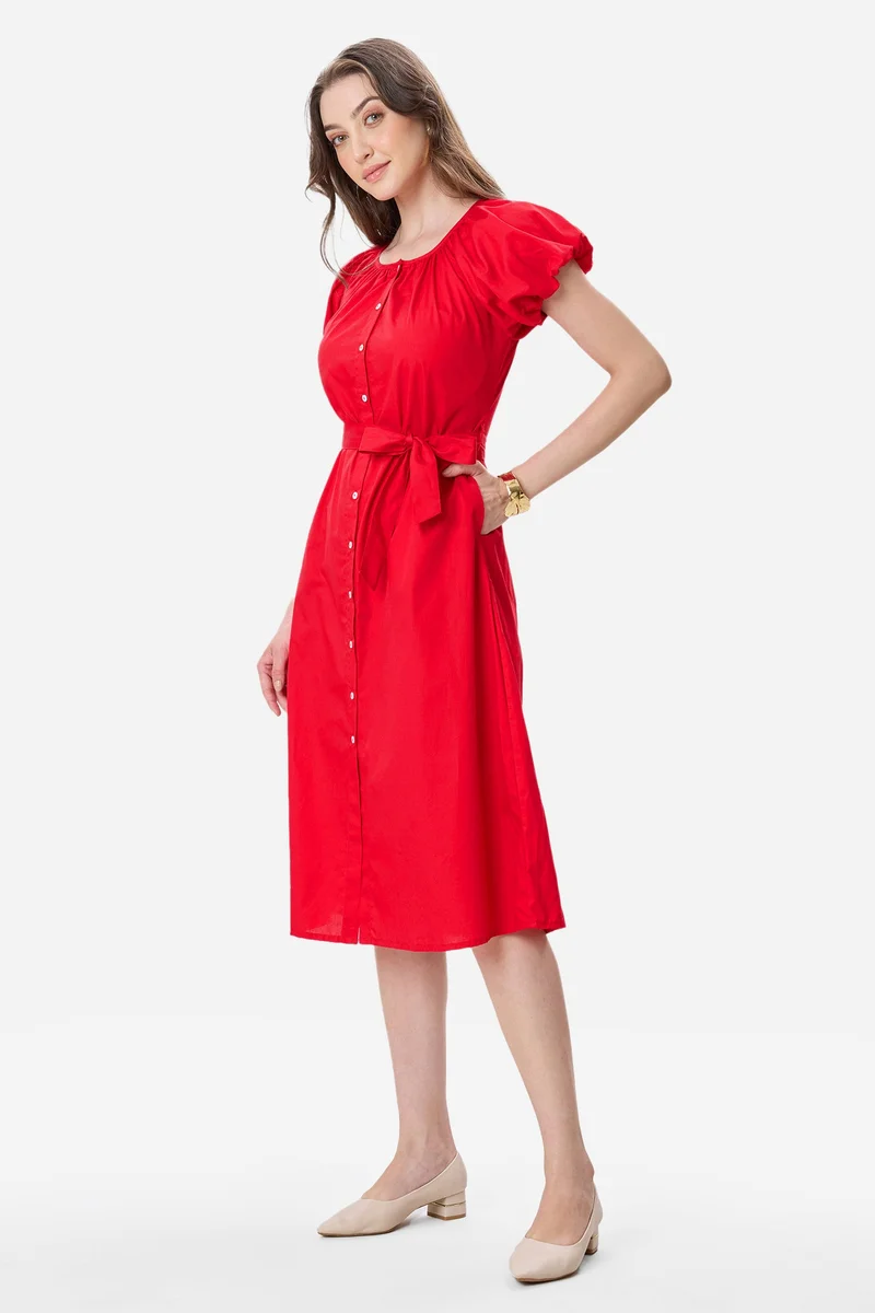 Virgio Red Solid Cotton Bubble Sleeve Dress for Women for Women | Best Price UAE