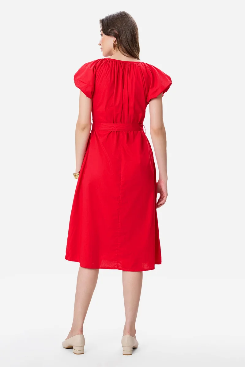 Virgio Red Solid Cotton Bubble Sleeve Dress for Women for Women | Best Price UAE