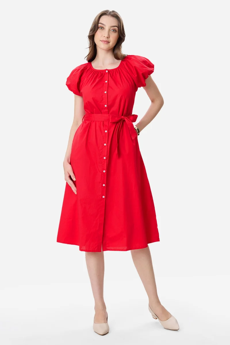 فيرجيو Solid Cotton Bubble Sleeve Dress for Women