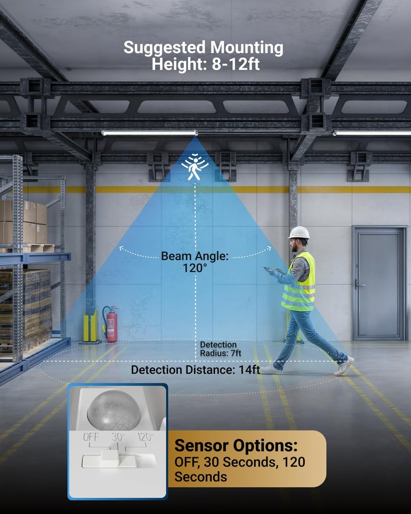 Sunco Lighting Sunco Motion Sensor 4ft LED Shop Light, Garage Lights Ceiling LED Plug-in Fixtures, 40W, 5000K Daylight, 4300 Lumens, Frosted, Motion Activated, Linkable Suspension Mount, ETL - Image 2