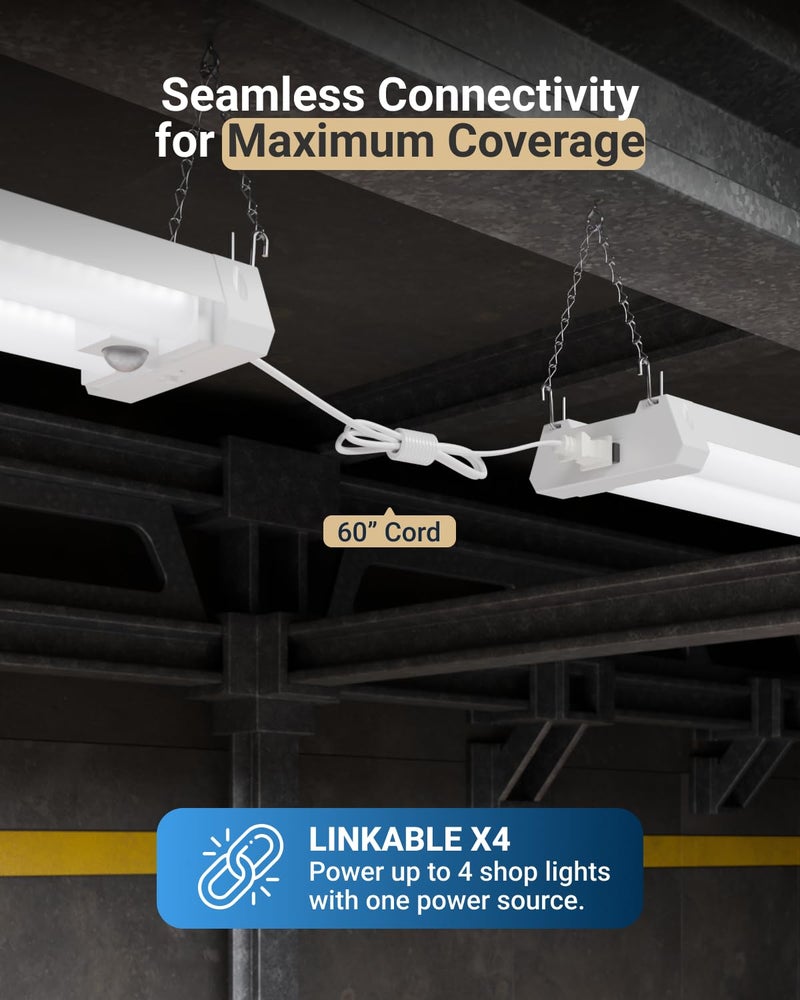 Sunco Lighting Sunco Motion Sensor 4ft LED Shop Light, Garage Lights Ceiling LED Plug-in Fixtures, 40W, 5000K Daylight, 4300 Lumens, Frosted, Motion Activated, Linkable Suspension Mount, ETL - Image 4