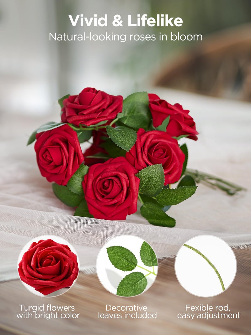 InnoGear Artificial Flowers, 25 Pcs Dark Red Foam Fake Roses Bulk with Stems for Decoration DIY Wedding Bouquets Centerpieces Bridal Shower Party Christmas Tree - Image 3